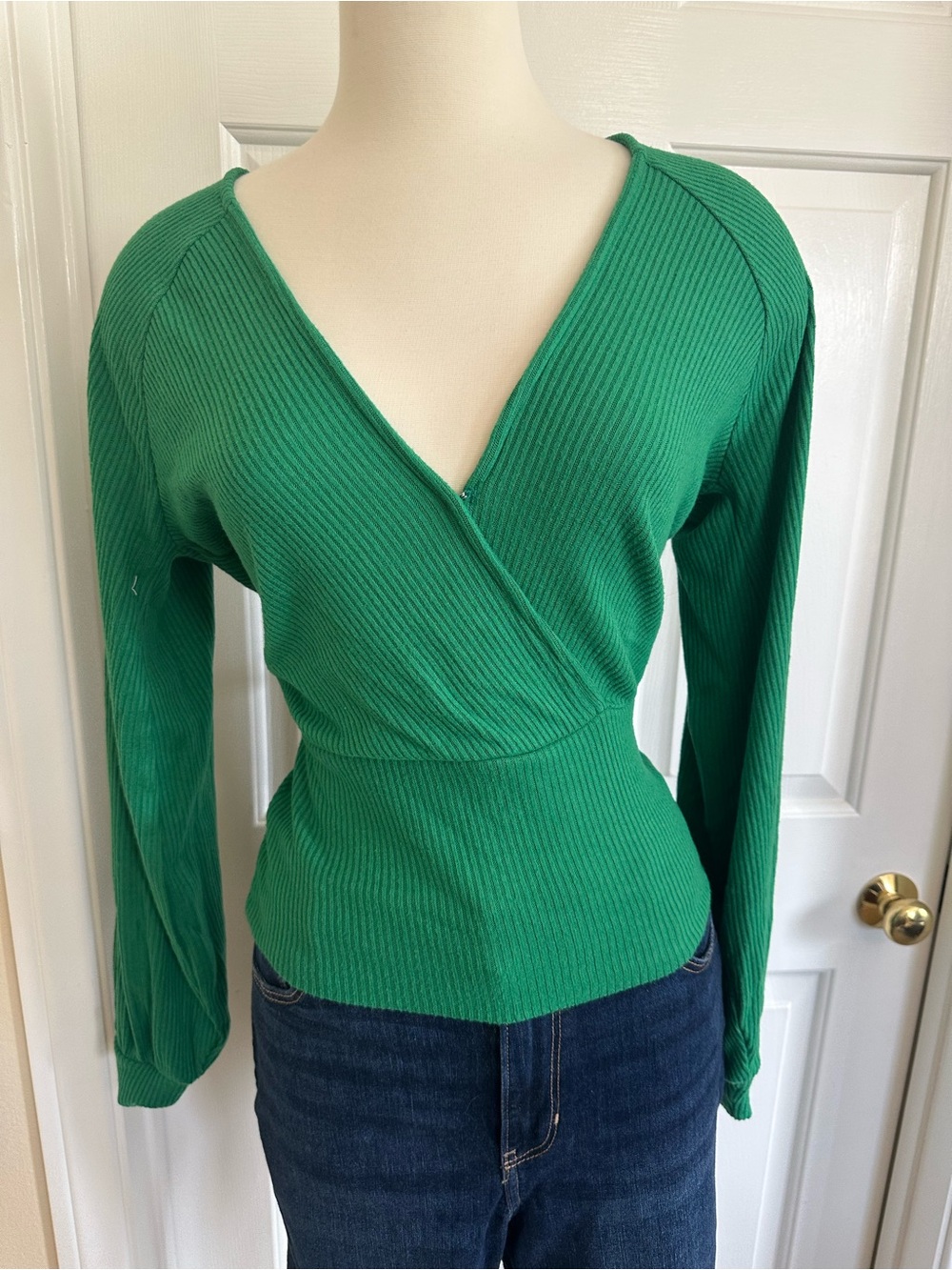 Green Ribbed Wrap-Style Long Sleeve Top